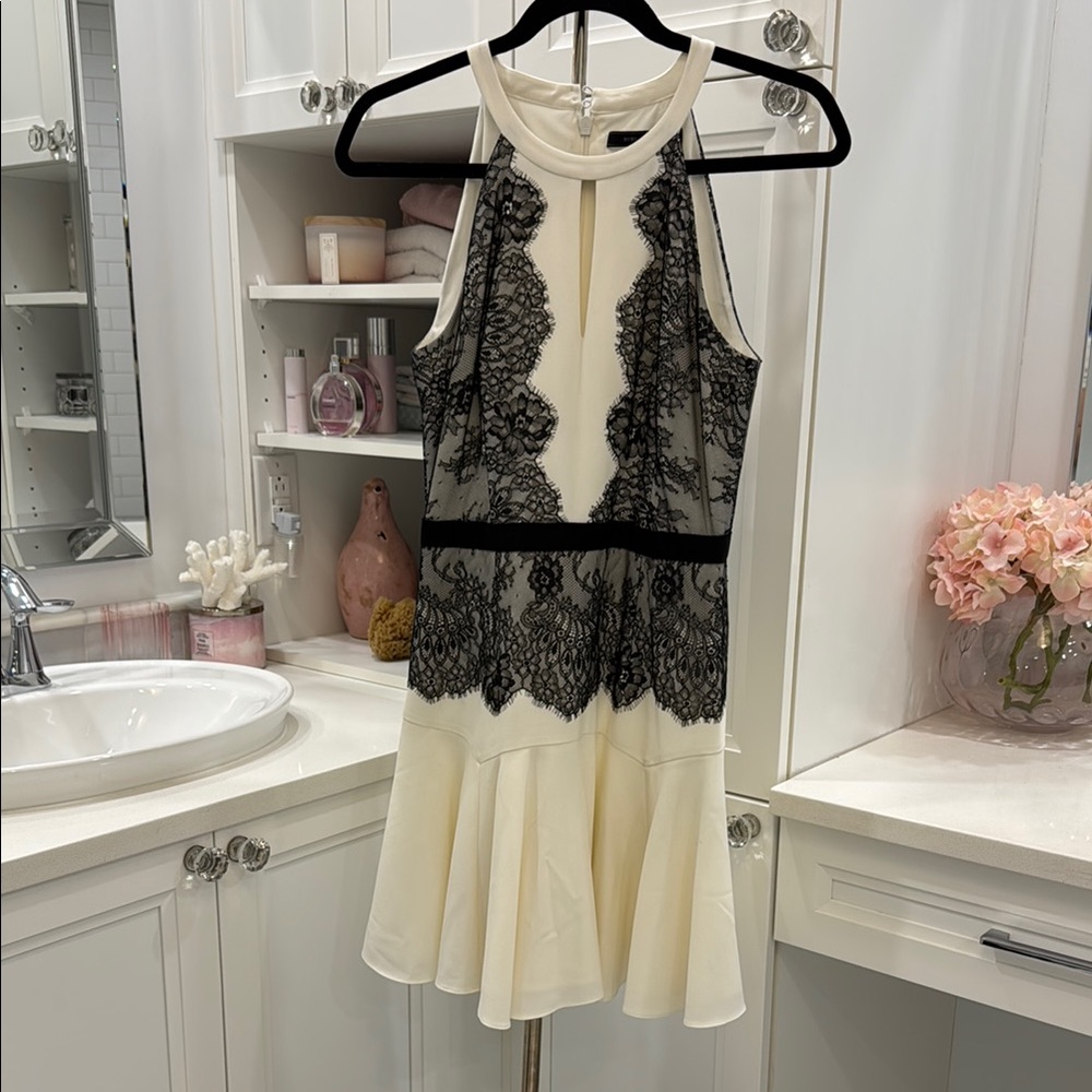 BCBGMaxAzria Cream and Black Halter Sheath Mini Dress